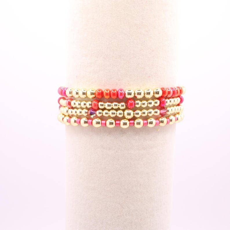 Town Pride State College hot pink and gold hematite stretch bracelet stack of five vibrant beaded bangles
