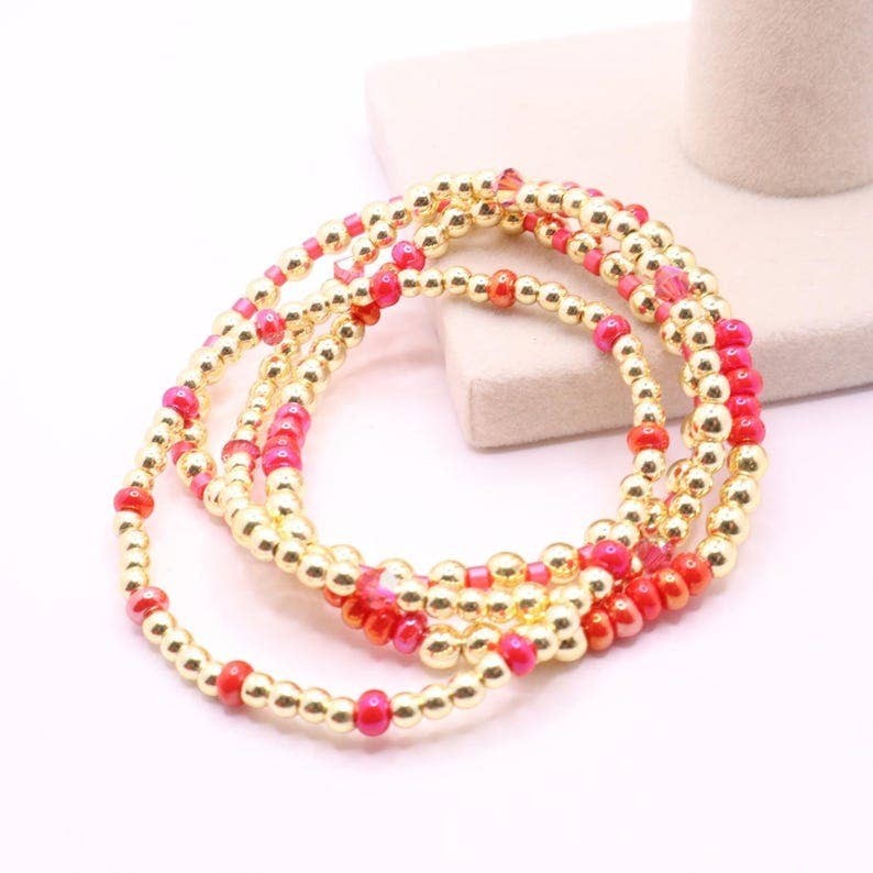 Town Pride State College hot pink and gold hematite stretch bracelet stack of five beaded bangles