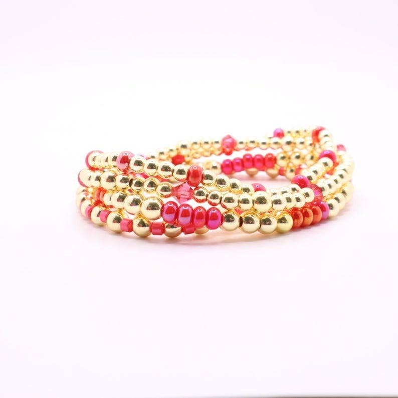 Town Pride State College hot pink and gold hematite stretch bracelet stack of five beaded bangles