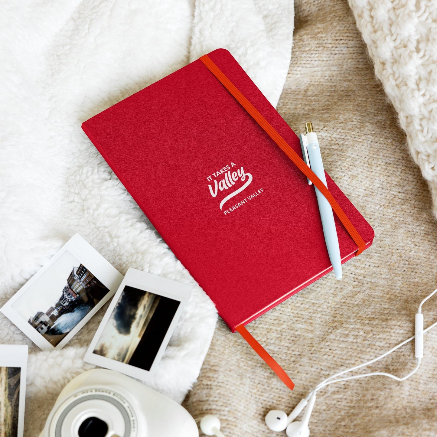 Town Pride State College red UltraHyde hardcover journal with It Takes a Valley logo, elastic band, and ribbon marker.