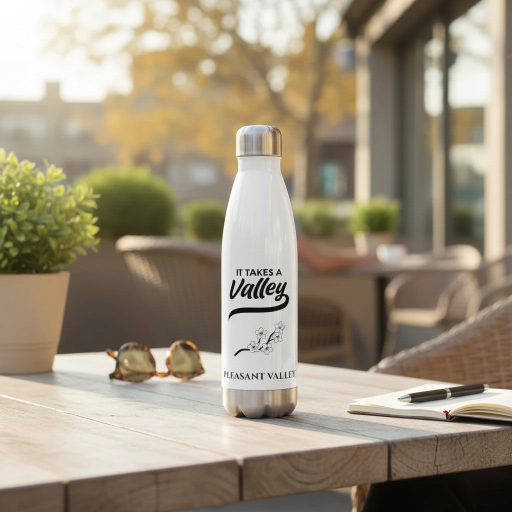 Town Pride State College stainless steel water bottle with It Takes A Valley Pleasant Valley design on a patio table