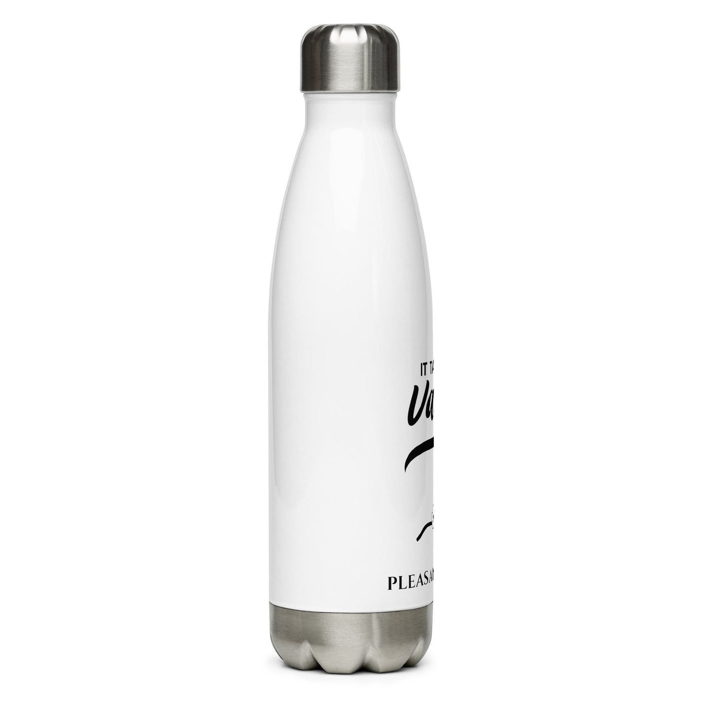Town Pride State College white stainless steel water bottle with Pleasant Valley graphic and silver screw-on cap