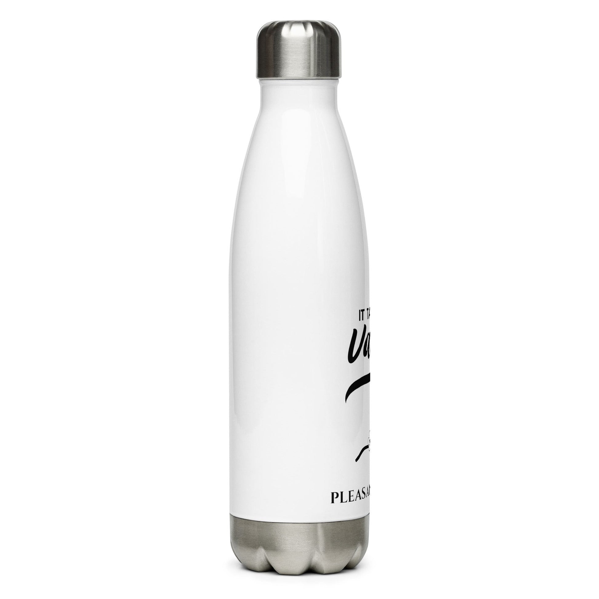Town Pride State College white stainless steel water bottle with Pleasant Valley graphic and silver screw-on cap