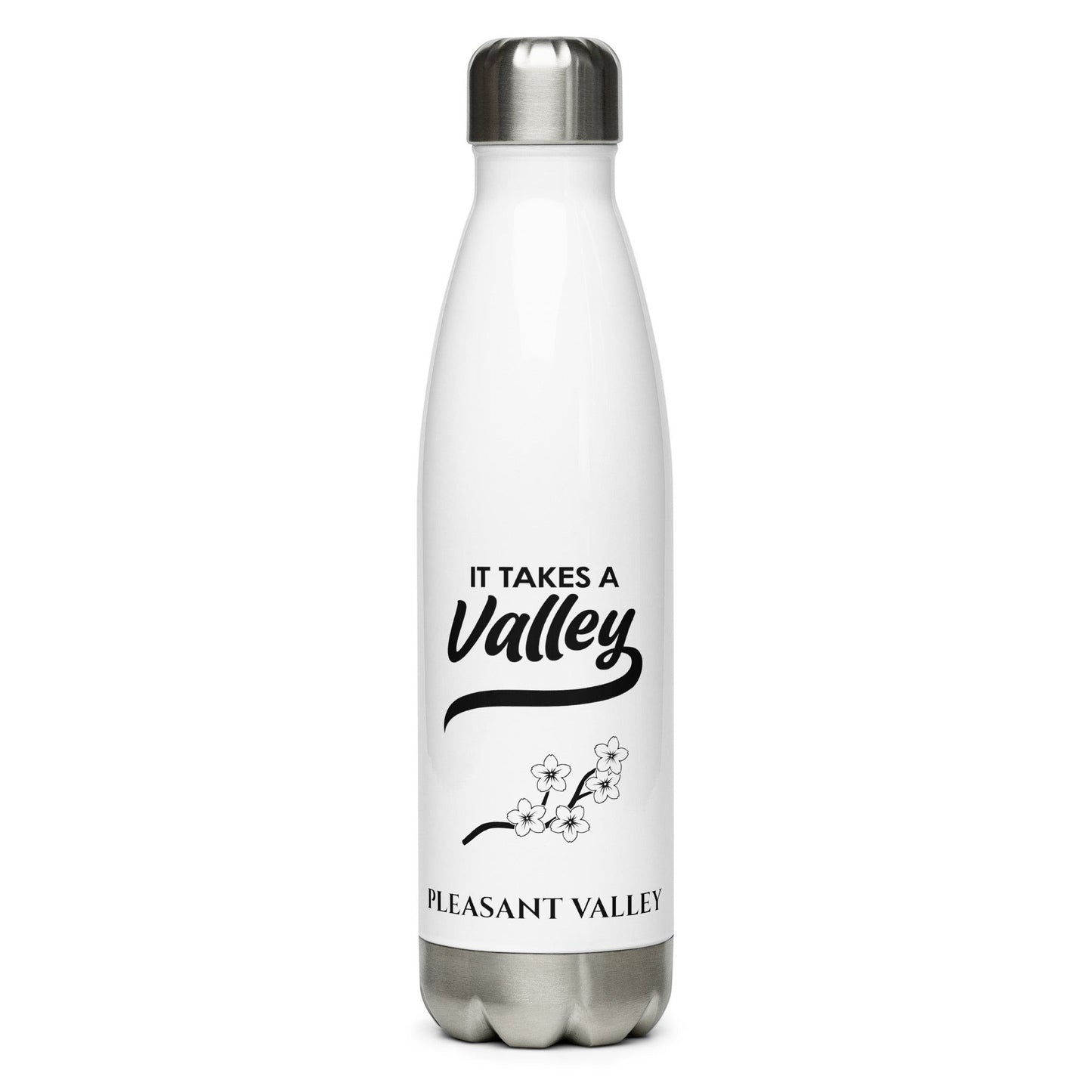 Town Pride State College white stainless steel water bottle with It Takes A Valley Pleasant Valley floral graphic