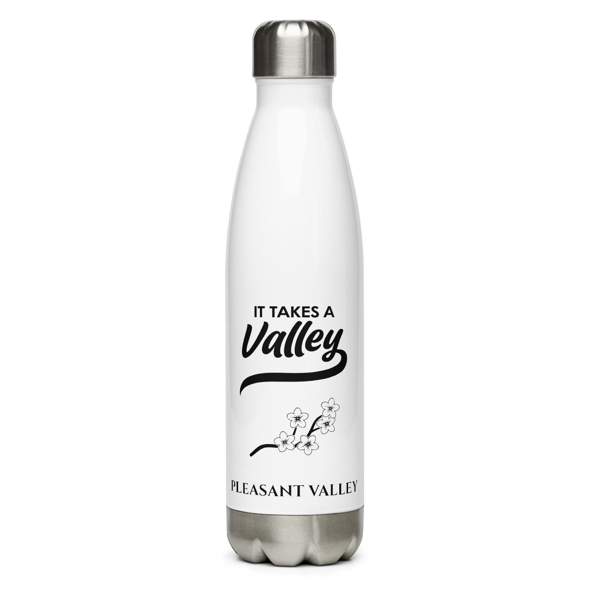 Town Pride State College white stainless steel water bottle with It Takes A Valley Pleasant Valley floral graphic