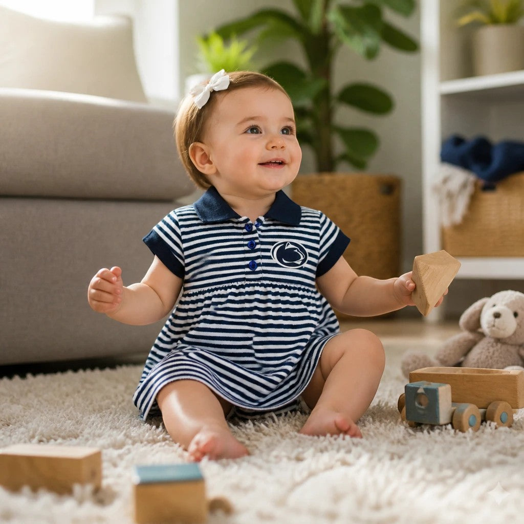 Town Pride State College baby girl wearing a navy and white striped cotton polo dress with Penn State logo