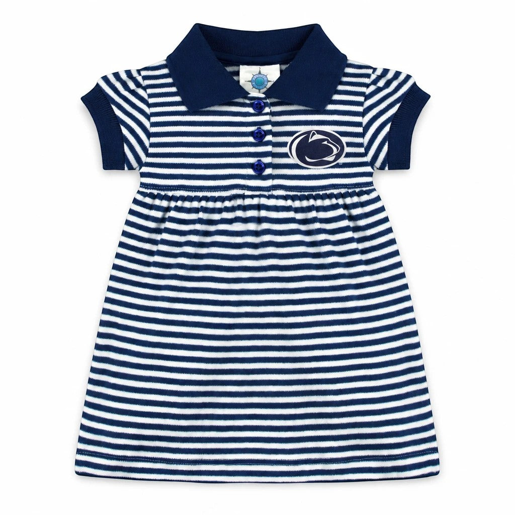 Town Pride State College navy and white striped cotton polo dress with Penn State logo and matching bloomer