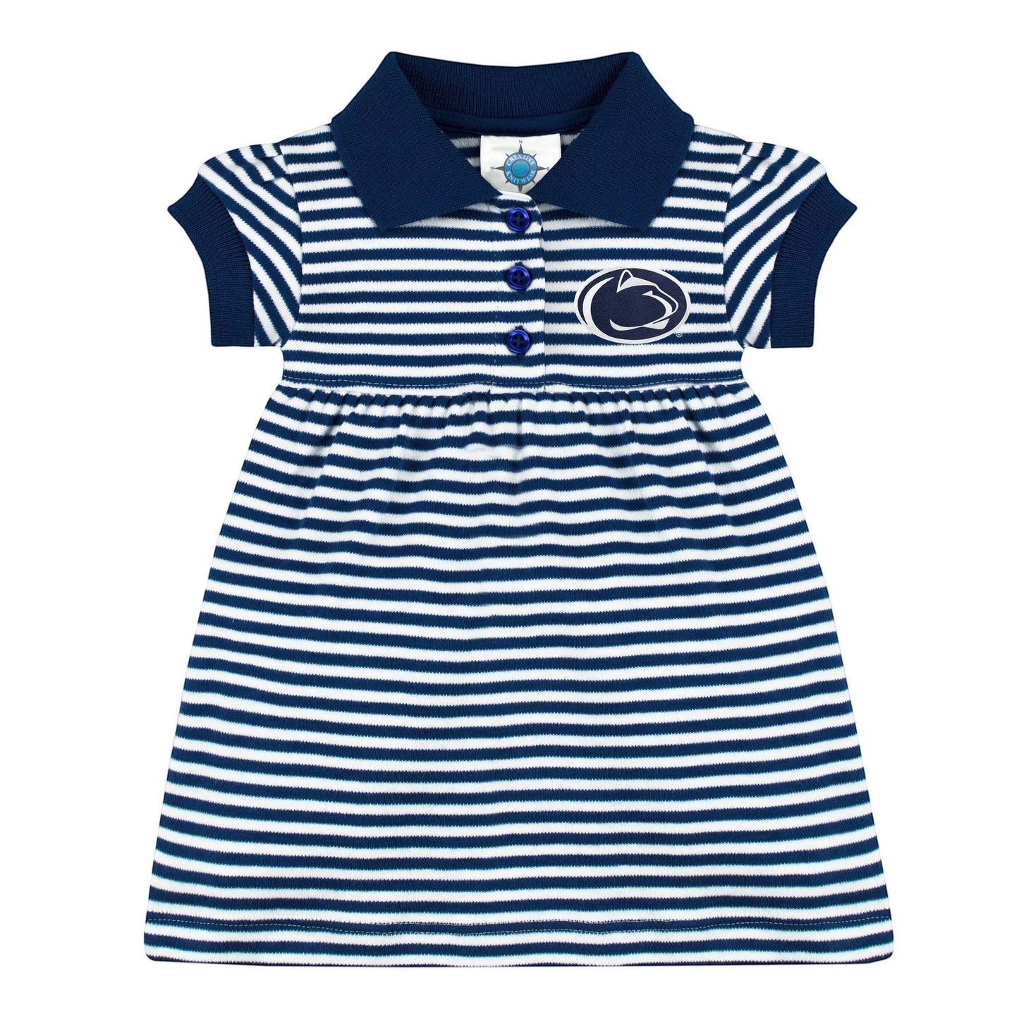 Town Pride State College navy and white striped cotton polo dress with Penn State Nittany Lion logo embroidery