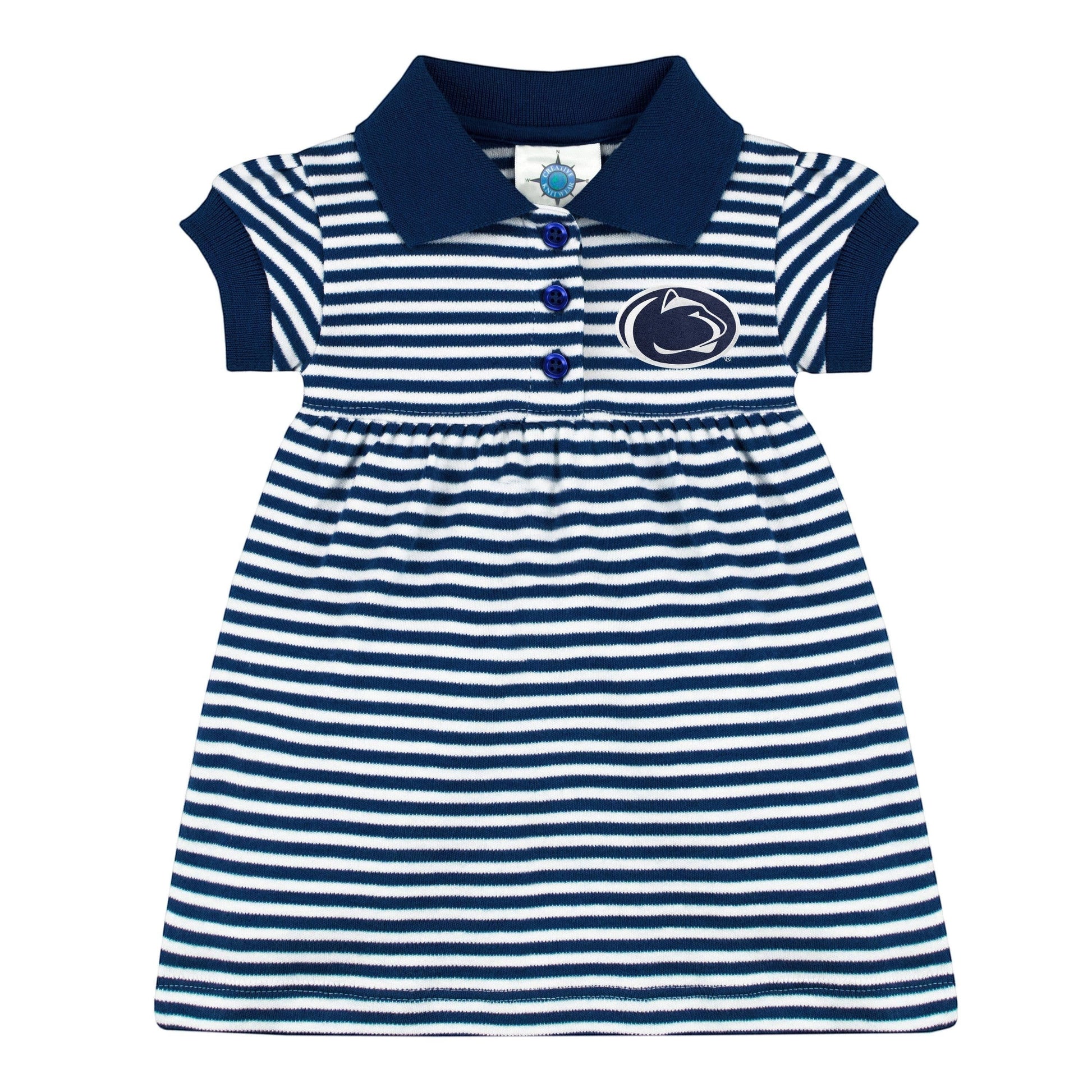 Town Pride State College navy and white striped cotton polo dress with Penn State Nittany Lion logo embroidery