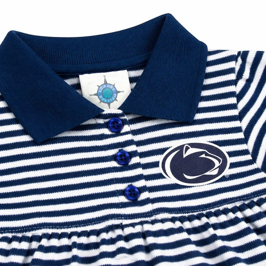 Town Pride State College navy and white striped cotton polo dress with Penn State Nittany Lion logo embroidery