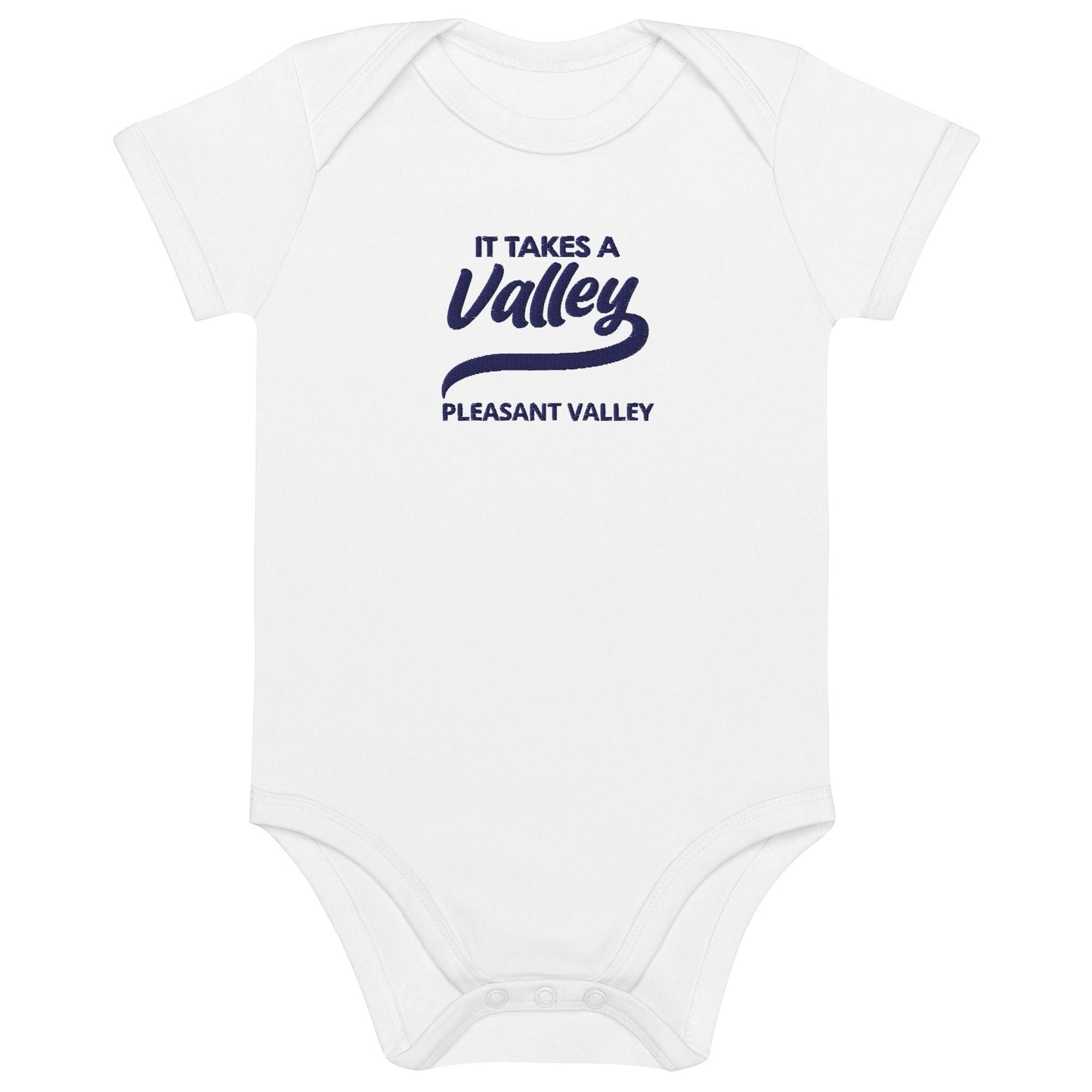 Town Pride State College white organic cotton baby bodysuit with It Takes A Valley Pleasant Valley navy embroidery