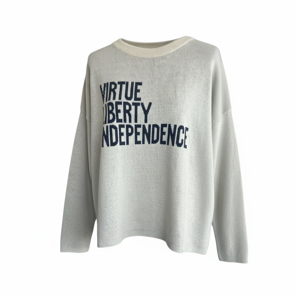 Gray sweater with 'Virtue Liberty Independence' text on a white background