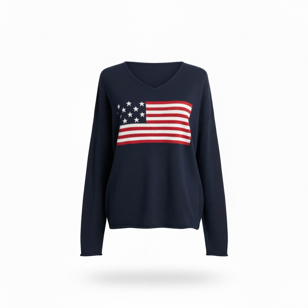 Navy blue sweater with American flag design on a white background