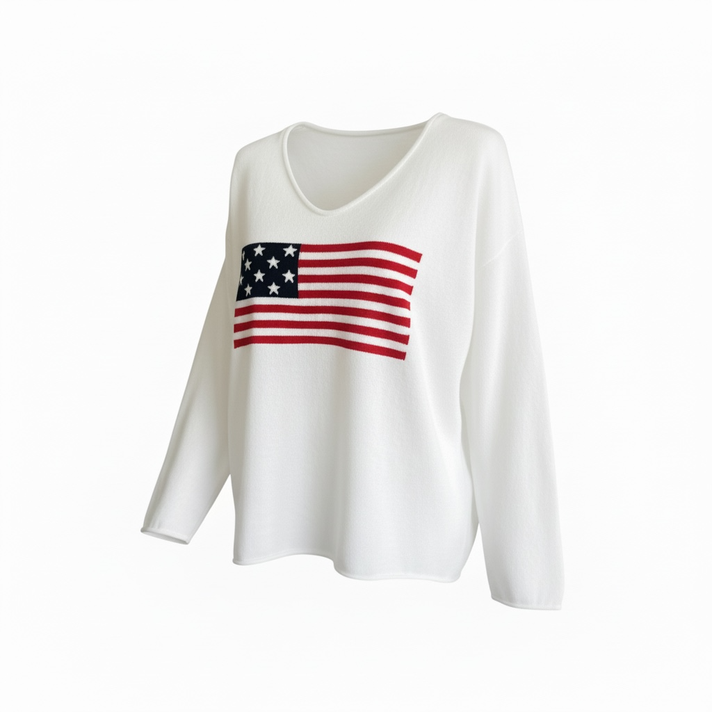 White long-sleeve sweater with American flag design on a white background