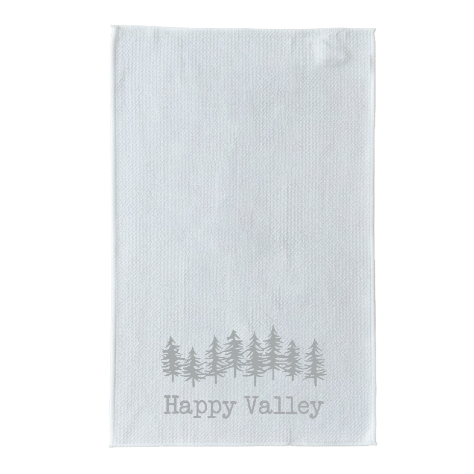 White towel with 'Happy Valley' and tree design, branded with 'Town Pride'.