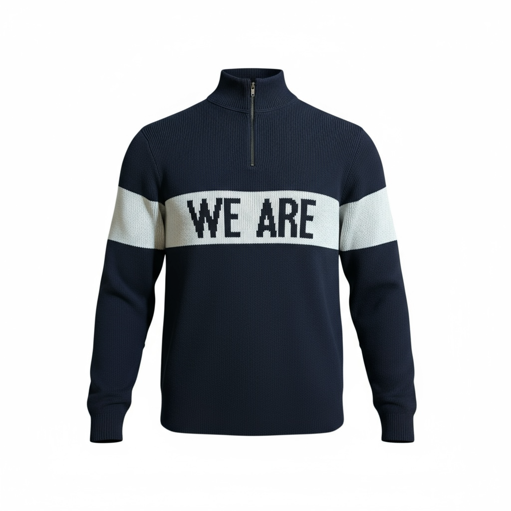 Navy Town Pride quarter zip sweater with white chest stripe and WE ARE knit design, shown front facing on a clean background.