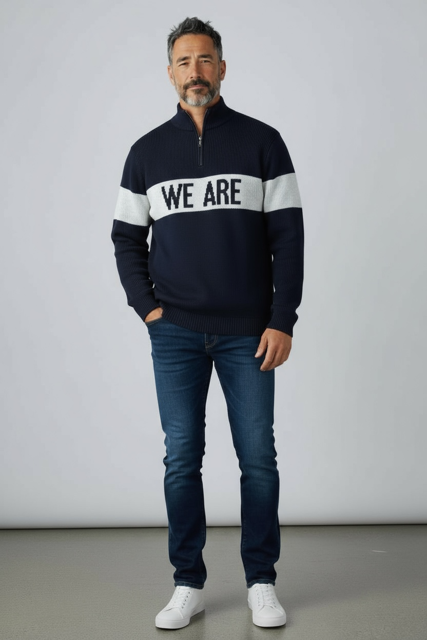 Man wearing the navy Town Pride WE ARE quarter zip sweater with jeans, shown standing in a studio setting.