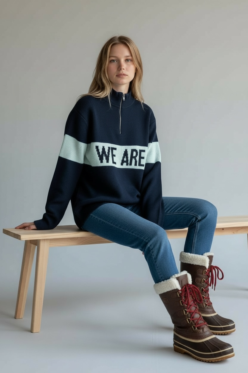Woman wearing the navy Town Pride WE ARE quarter zip sweater, seated on a bench with jeans and winter boots.