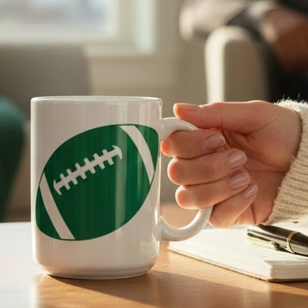 Person holding a mug with a football design in a cozy living room.